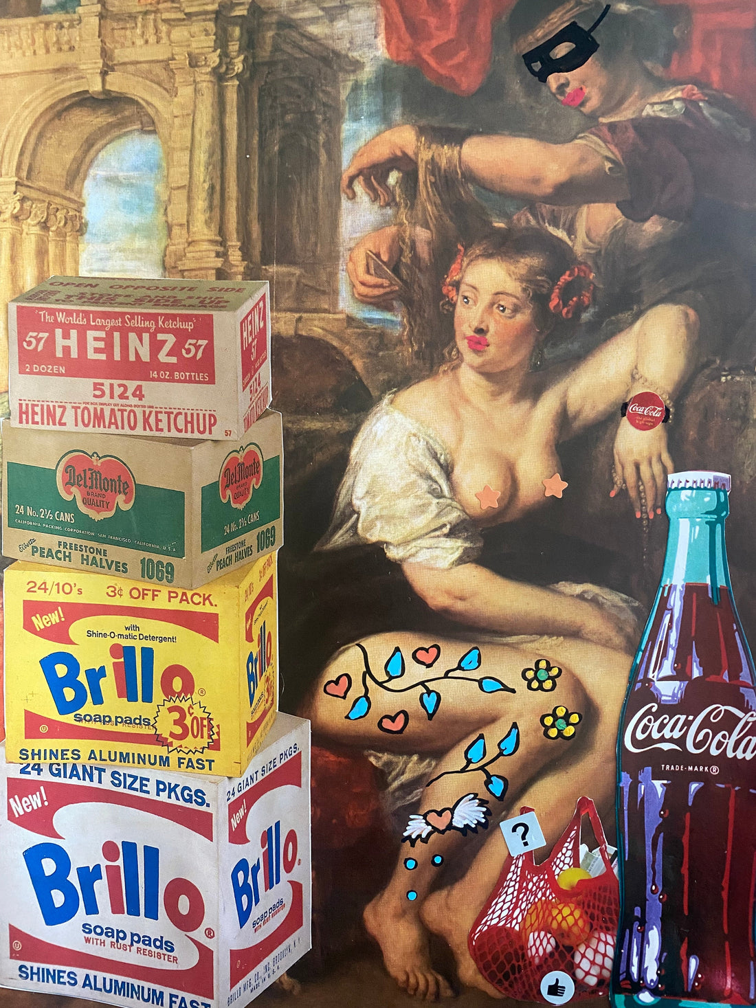 Rubens Meets Coca Cola, klassieke voorstelling met kleurrijke ingrepen, verpakkingen en een Coca-Cola-fles