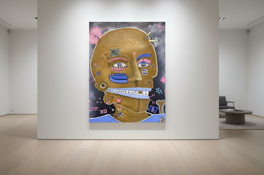 Grootformaat neo-expressionistisch schilderij van NIK VEE — figuratief portret met mixed media elementen, tentoongesteld in galerie-interieur